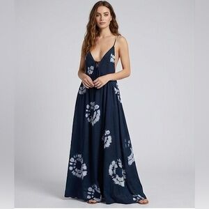 Navy Blue Tie Dye Maxi Dress Plunging V-Neck Open Back